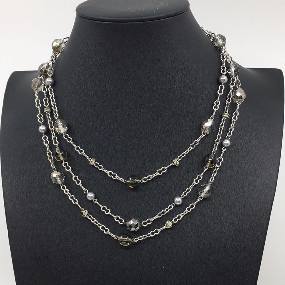 Three strand Smoky Gray silver tone Glass Necklace